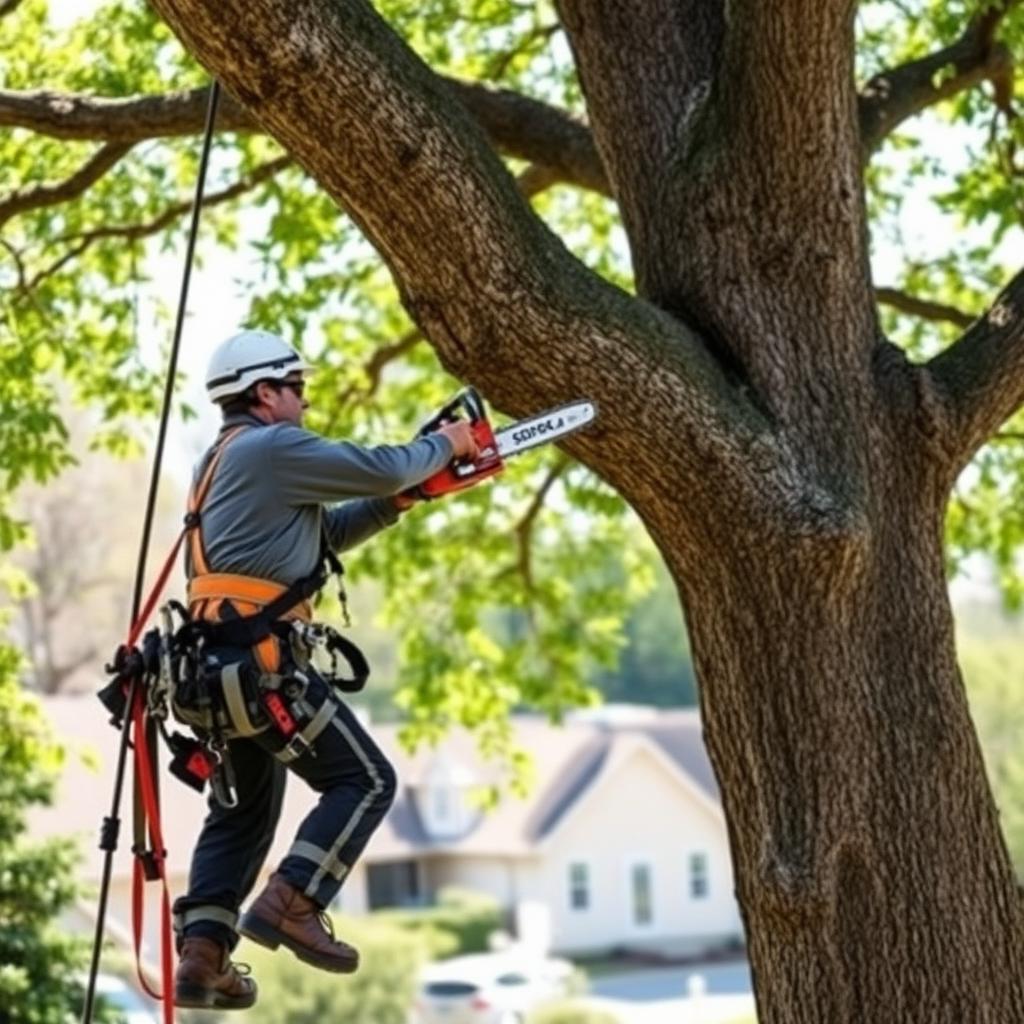Certified Knoxville arborist removing a large oak limb with a chainsaw