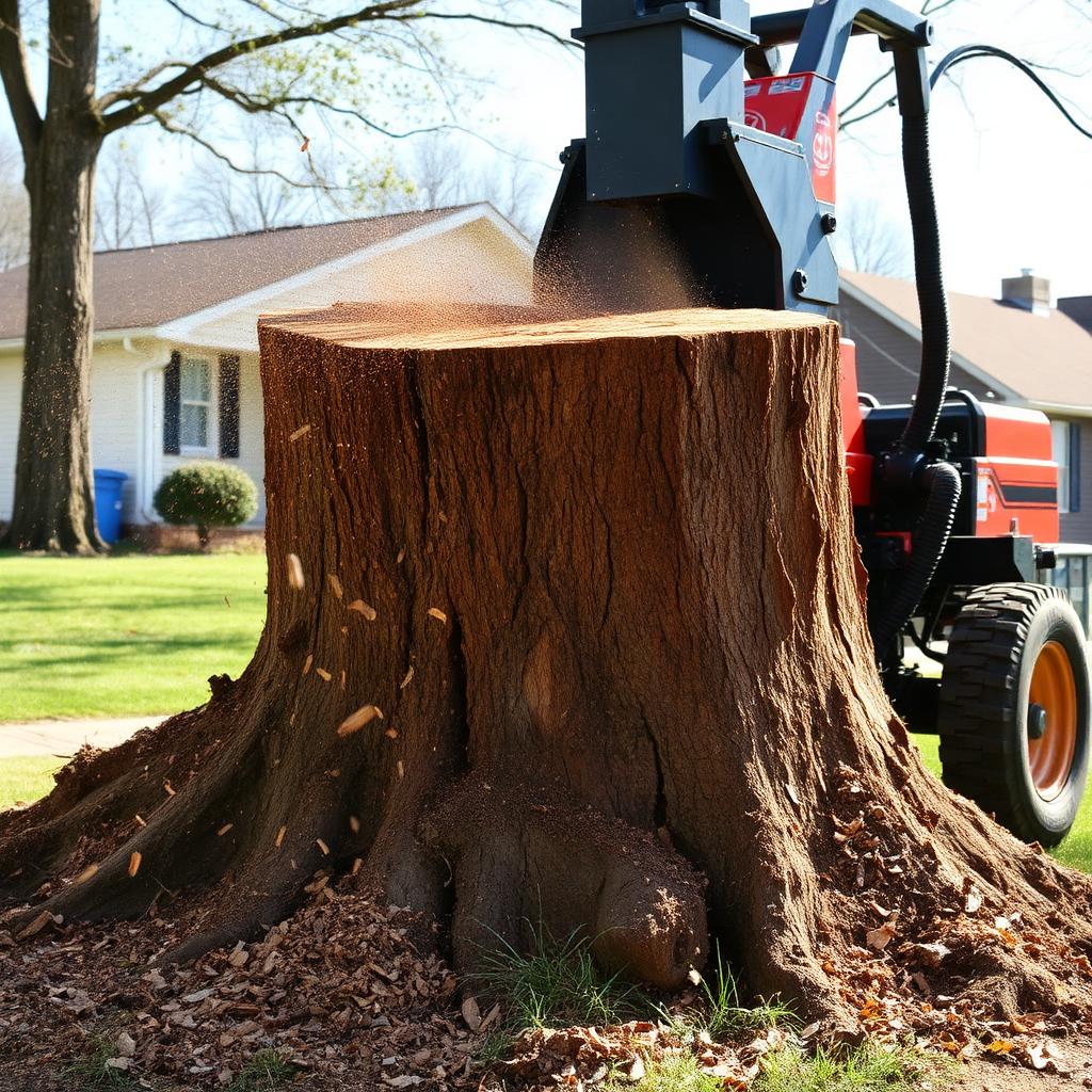 Industrial stump grinder removing a tree stump in a Knoxville front yard